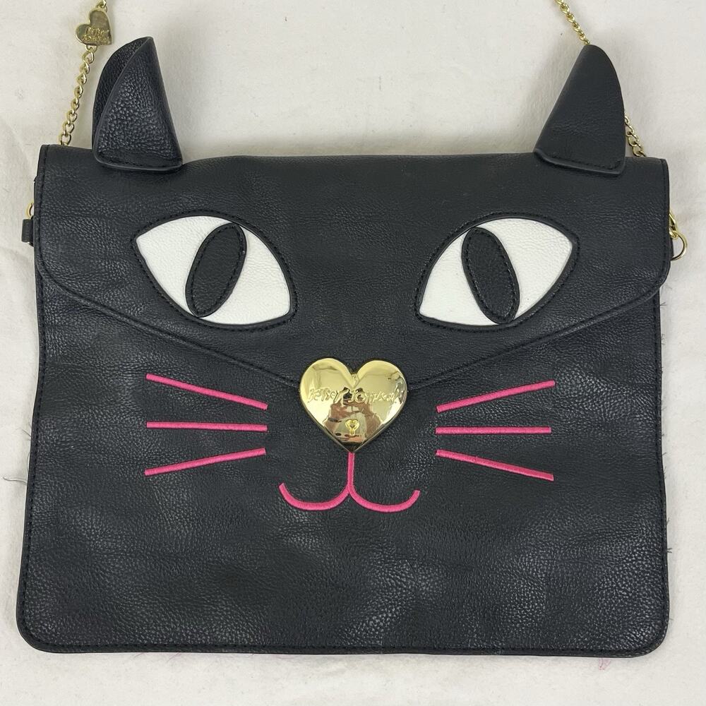 Betsey Johnson Vegan Leather Cat Face Envelope Crossbody Purse Clutch Black